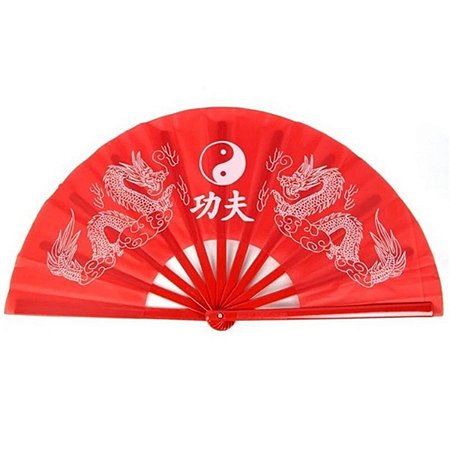 Leque Grande Dragão Chinês Cores Vermelho Preto Azul - Dança Kung Fu Tai Chi Chuan Oriental