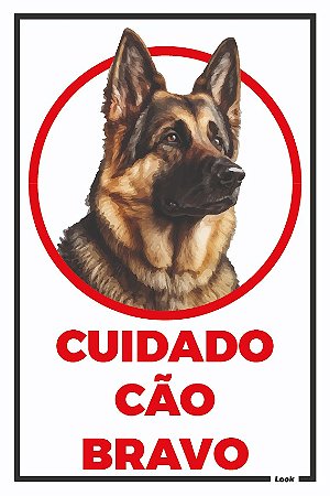 Placa de Sinalização Aviso Cuidado Cão Bravo Pastor Alemão