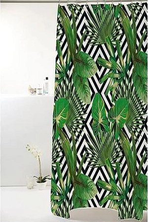 Cortina Box 198X180cm PVC Folhagem Fundo Branco Preto