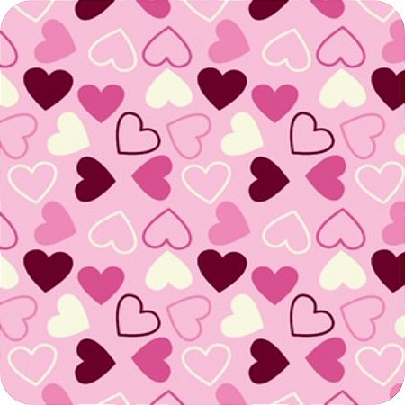 Tricoline Estampada 100% Algodão 1m X 1,50m Corações Fundo Rosa