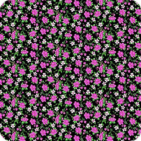Tricoline Estampada 100% Algodão 1m X 1,50m Flor Fundo Preto 2563 V2