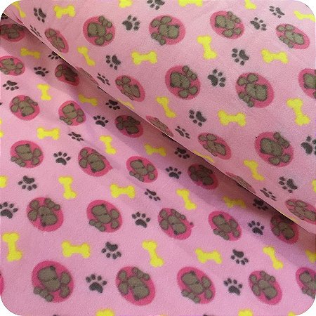 Tecido Soft Estampado 1m X 1,60m Ossos e Patinhas Fundo Rosa