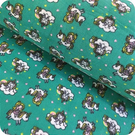 Tecido Soft Estampado 1m X 1,60m Menina e Pônei Fundo Verde