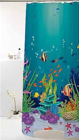 Cortina De Box 180X160Cm Fundo Do Mar Impermeável C/ Ganchos