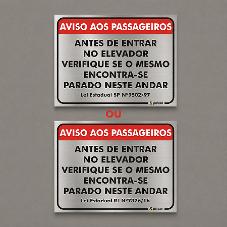 Placa - Aviso Aos Passageiros Elevador - Aluminio