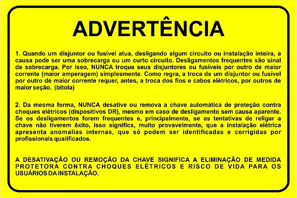 Etiqueta - Advertência - Disjuntor ou Fusível
