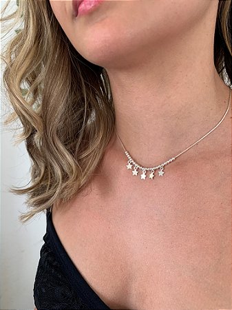 Colar estrelas e bolinhas em Prata 925