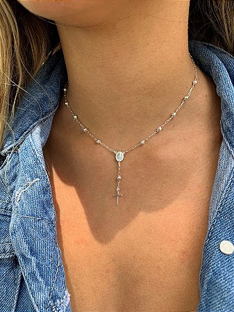 Colar terço com bolinhas 38cm em Prata 925