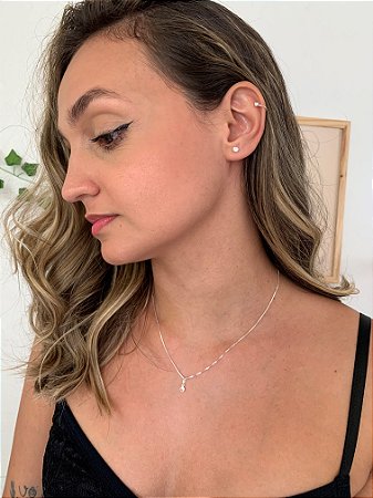 Conjunto colar e brinco ponto de luz redondo 4mm em Prata 925