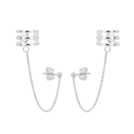 Brinco de bolinha com piercing fake 3 elos Prata 926