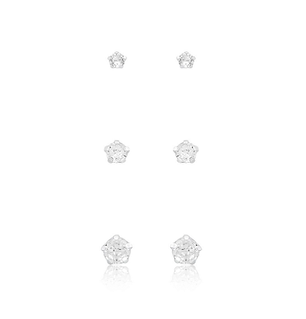 Trio de brincos de zircônia redonda 3mm, 4mm e 5mm em Prata 925