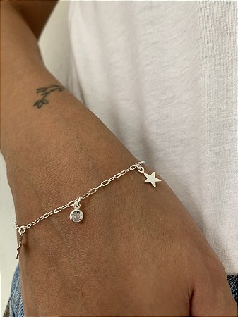 Pulseira estrela e ponto de luz em Prata 925