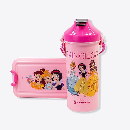Kit Lunch Box de Plástico - Marmita 620ml + Copo 500ml - PRINCESAS