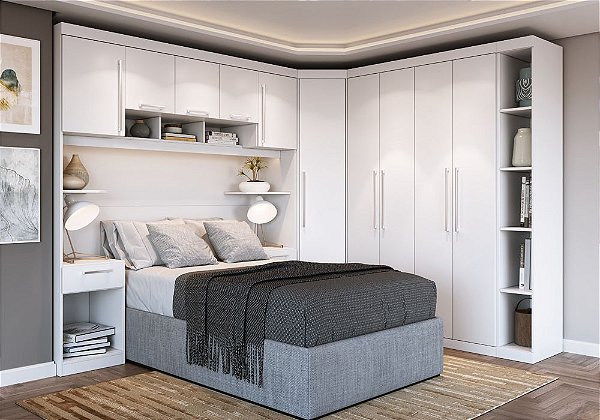 Quarto modulado Everest casal de canto. 2,85m x 2,31m x 45cm x 2,18m altura. Dez portas e cinco gavetas .