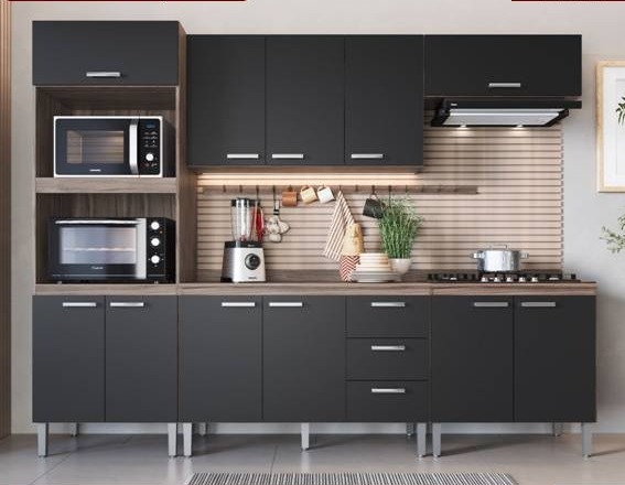 Cozinha Modulada Nonaliza 5 Peças 2,70m Largura x 2,09m altura x 0,47cm profundidade. Disponivel em duas cores Preto ou Branco .
