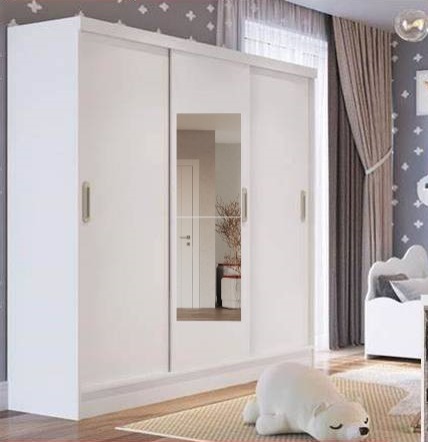 Roupeiro três  portas de correr duas gavetas Branco Percasa. COM ESPELHO 1,84 m x 1,73 m x 45 cm