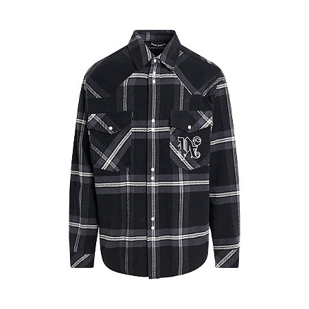 Palm Angels Camisa Monogram Check Overshirt Cinza