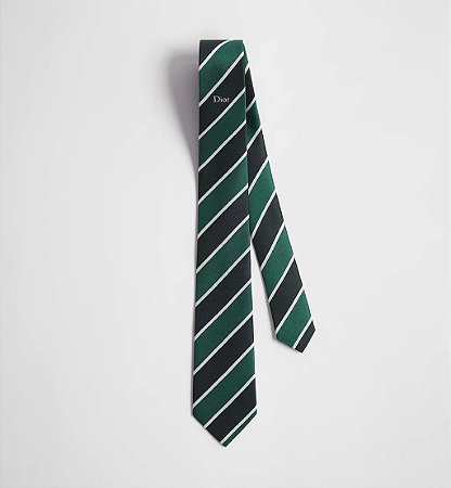 Dior Gravata Seda Listrada Preta, Verde e Cinza-claro