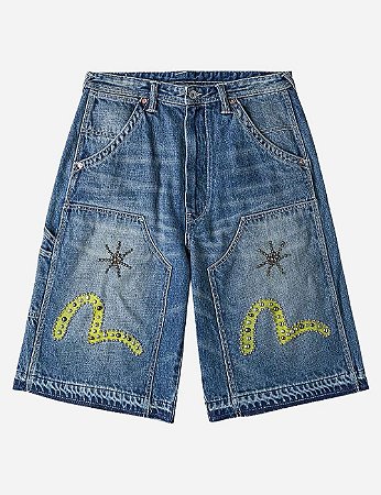Evisu Bermuda Cargo Heavy Washed studded Indigo