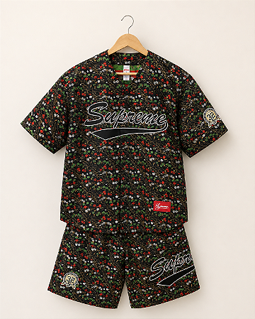 Supreme Set Camiseta Jersey e Bermuda Floral Jacquard Preta