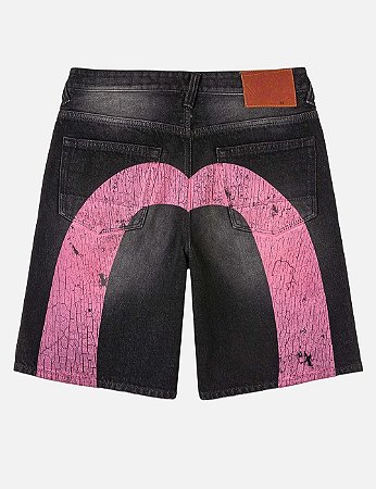 Evisu Bermuda Daicock Denim Preto e Rosa