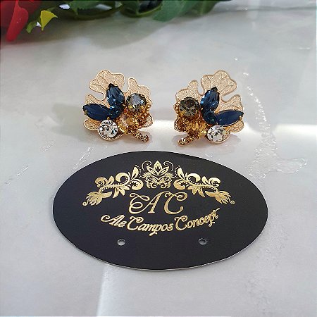 Brinco Dourado Folha com Cristais Caramelo e Azul
