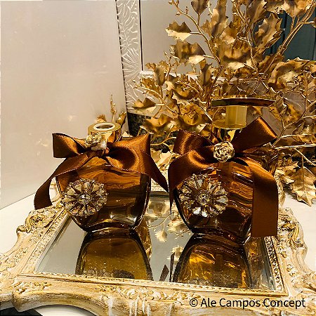 Difusor de Aromas ou Sabonete Líquido em Vidro Estrela Marrom Decorados com Cristais Dourados e Strass