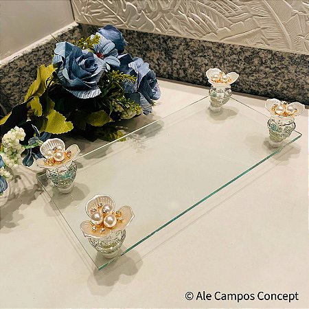 Bandeja Decorativa de Vidro Retangular Pequena Trabalhada com Detalhes em Cristais e Flores