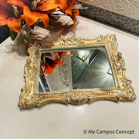 Bandeja Decorativa Retangular Dourada com Espelho