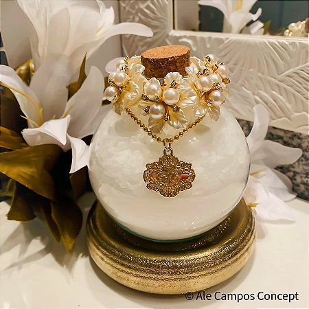 Sais de Banho Iluminador em Vidro Transparente Redondo com Flores Decoradas com Pérolas e Strass