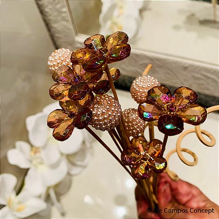 Conjunto de Varetas Decorativas com Flores Translúcidas Furta-cor e Bolas Trabalhadas