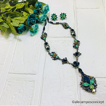 Conjunto de Colar e Brincos Grafite com Cristais Azul Marinho e Verde