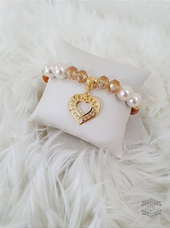 Pulseira Folheada a Ouro com Cristais, Pérolas e Pingente Coração