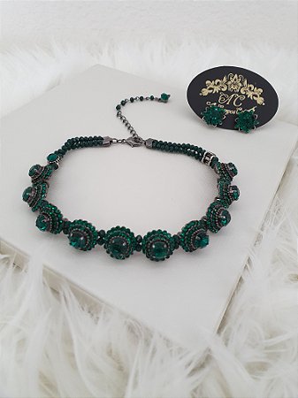 Conjunto Choker e Brinco com Cristais Verdes