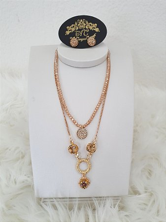 Conjunto Dourado Delicado com Cristais Rosa e Marrom