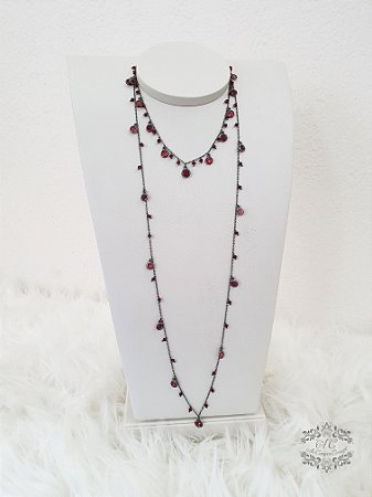 Conjunto 2 Colares Individuais Grafite com Cristais Vinho