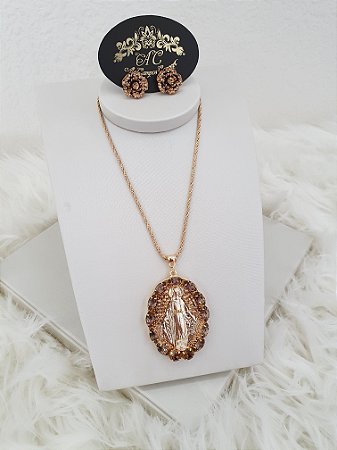 Conjunto Nossa Senhora com Cristais e Strass em Tons de Caramelo