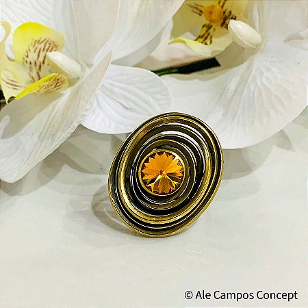 Anel Ajustável Ouro Velho Oval com Cristal Swarovski Laranja