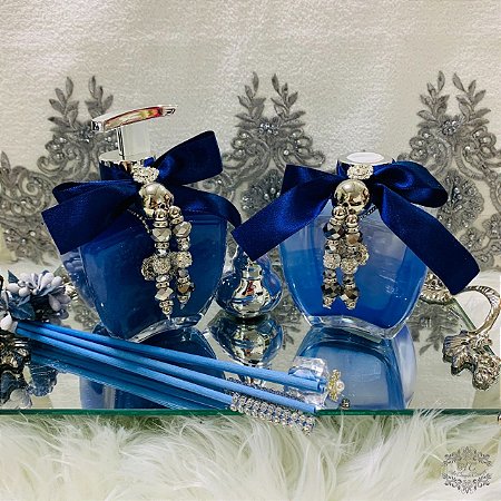 Vidro Estrela Cristal para Sabonete Líquido ou Difusor de Aromas Azul Cintilante, Decorados com Cristais e Strass