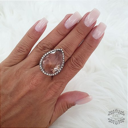 Anel Ajustável com Pedra em Gota e Detalhes em Mini Cristais Cravejados