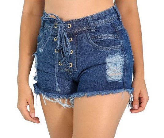 Short com ilhós na berguilha e cardaço jeans - Via Moderna Boutique