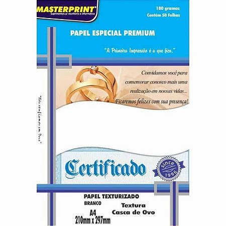 PAPEL ESPECIAL PREMIUM TEXTURA CASCA DE OVO BRANCO A4 180G 50 FOLHAS MASTERPRINT