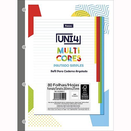 CADERNO FOLHAS SOLTAS UNI4 80F (REFIL DE FICHARIO) MULTI CORES 5 UN FORONI