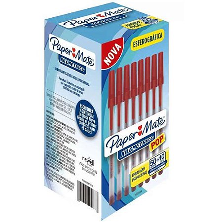 CANETA ESFEROGRÁFICA KILOMETRICA POP 1.0 MEDIA VERMELHA 60 UN PAPER MATE