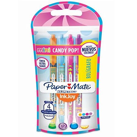 CANETA ESFEROGRÁFICA KILOMETRICA 100 1.0 MEDIA MINI RETRATIL CANDY POP 4 CORES PAPER MATE