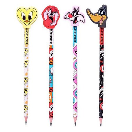 LAPIS PRETO HB COM BORRACHA NA PONTA LOONEY TUNES POTE COM 30 UN LEO E LEO