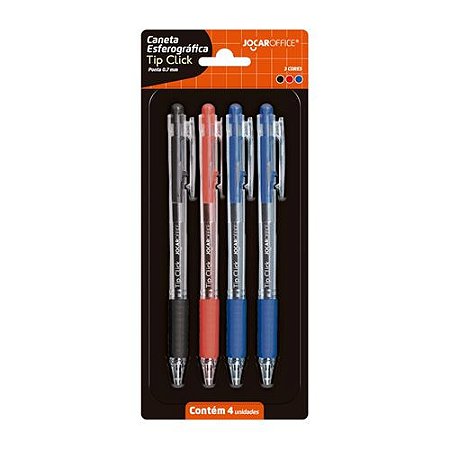 CANETA ESFEROGRAFICA TIP CLICK 0.7 MM 4 UNIDADES (AZUL, PRETA E VERMELHA) JOCAR OFFICE