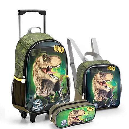 KIT MOCHILA DE RODINHAS COM LANCHEIRA E ESTOJO T REX ZONE SEANITE