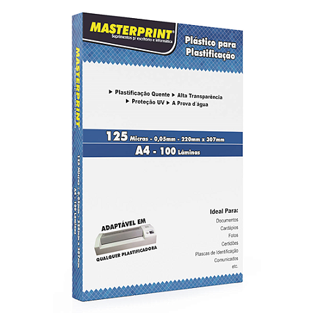 PLASTICO PARA PLASTIFICAÇÃO POUCH FILM POLASEAL A4 220x307 MM 125 MIC (0,05) 100 FOLHAS MASTERPRINT