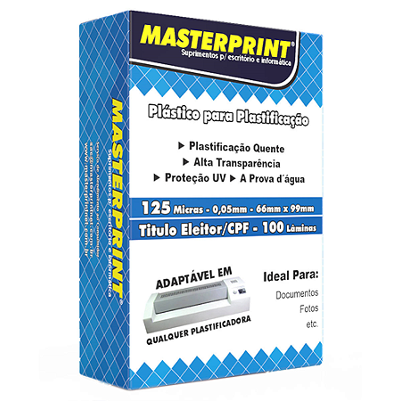PLASTICO PARA PLASTIFICAÇÃO POUCH FILM POLASEAL TITULO ELEITOR E CPF 66x99 MM 125 MIC (0,05) 100 FOLHAS MASTERPRINT